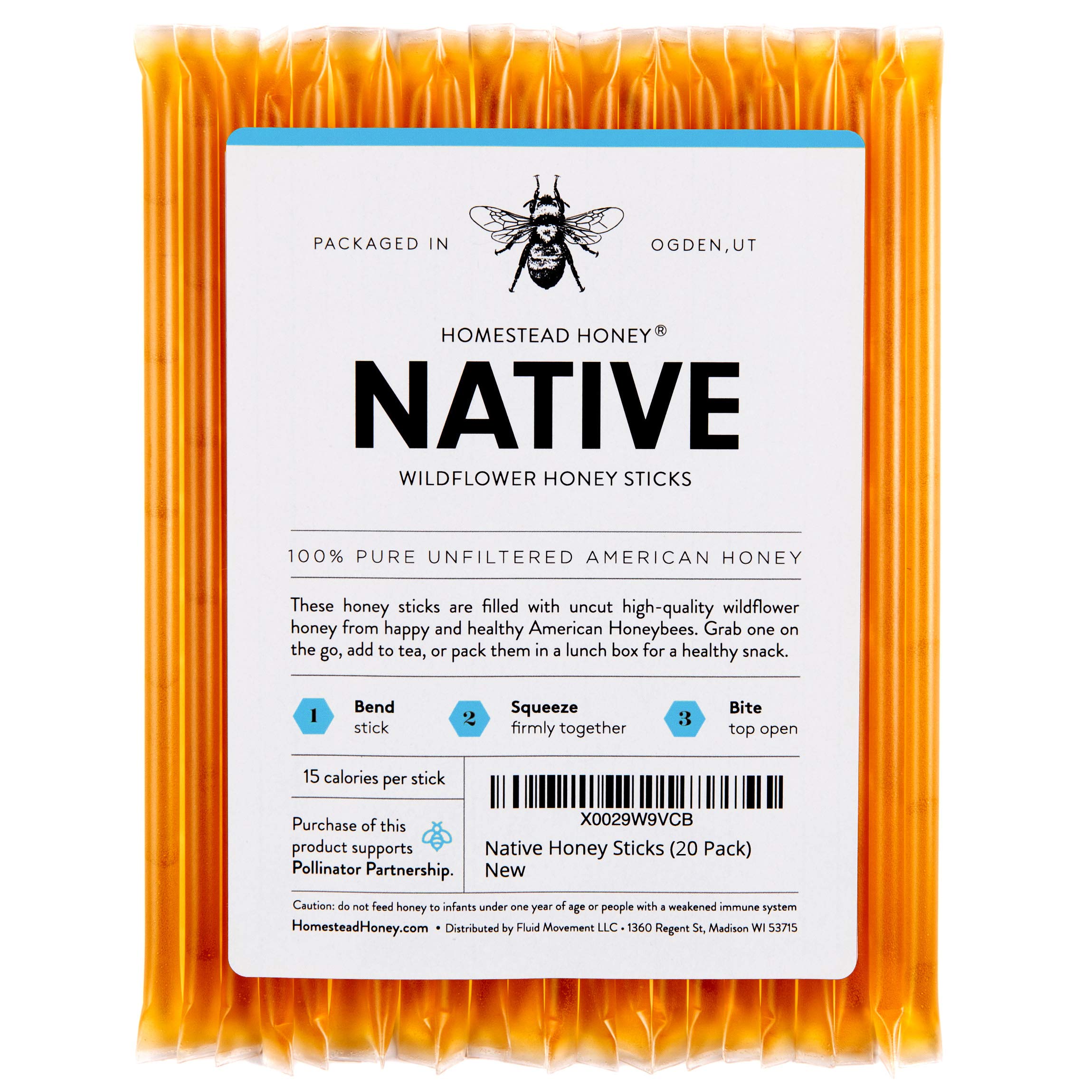 Homestead Honey Native Wildflower Honey Sticks – 100% Pure – 20 Count