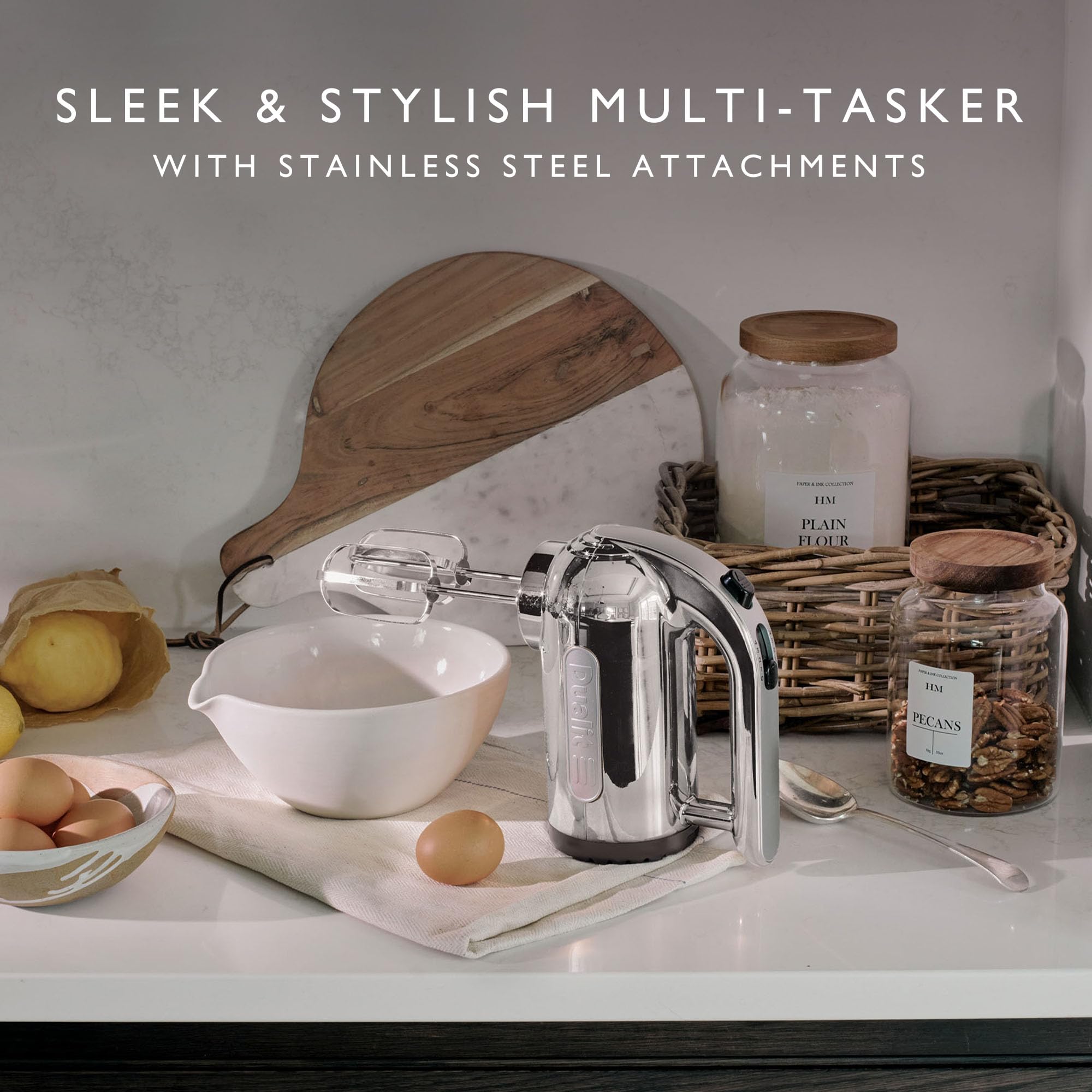 Dualit 400W Hand Mixer in Chrome | 4-Speed with Baking Attachments