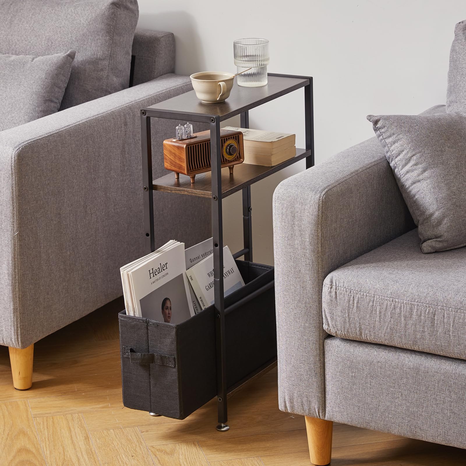 Aibiju 3-Tier Slim Side Table – Narrow Industrial End Table with Storage