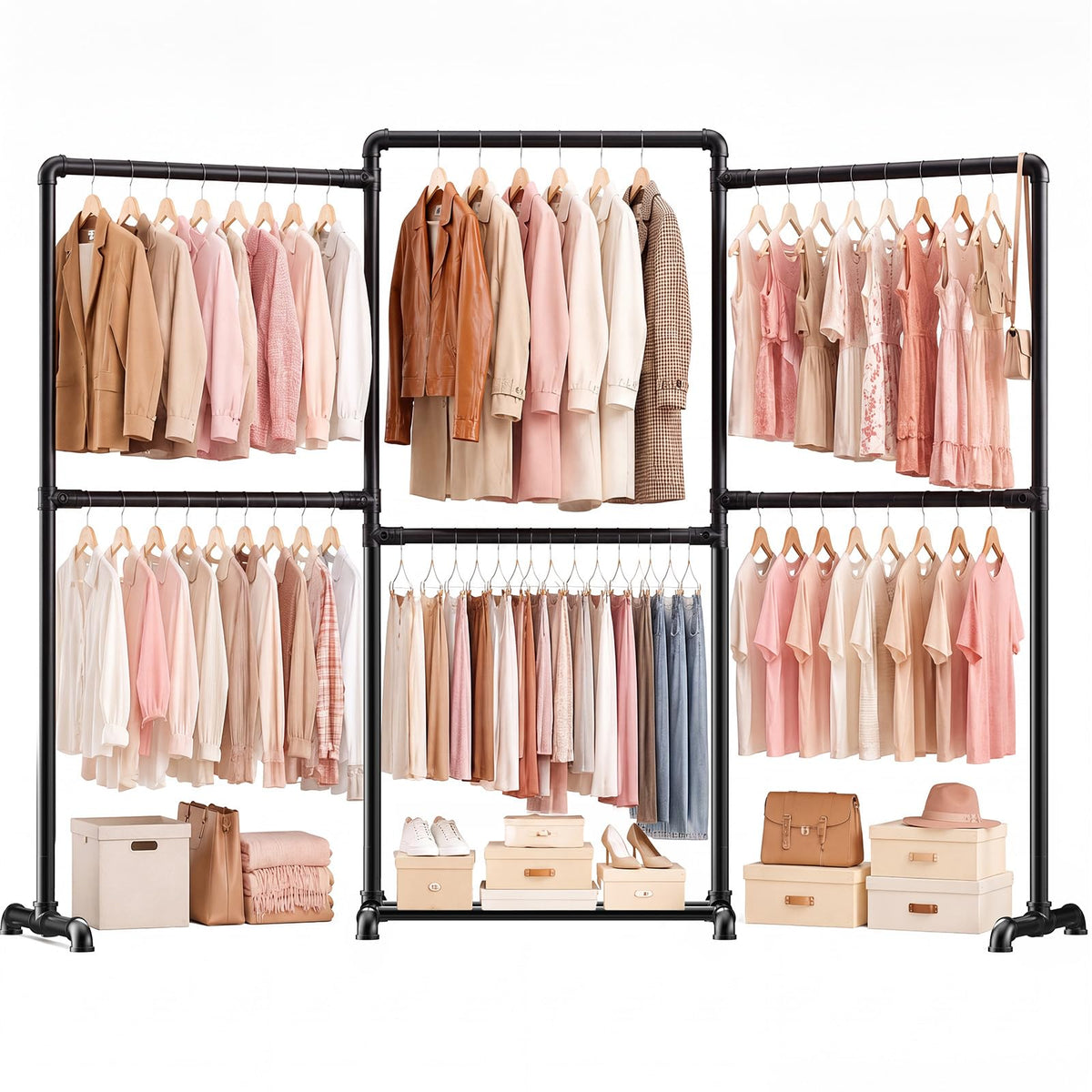 OPPAIYA Heavy Duty Clothes Rail, Up to 294cm Extra Large Clothes Rail for Bedroom, 6 Rails Flexible L/U-Shaped Open Wardrobe - image 1