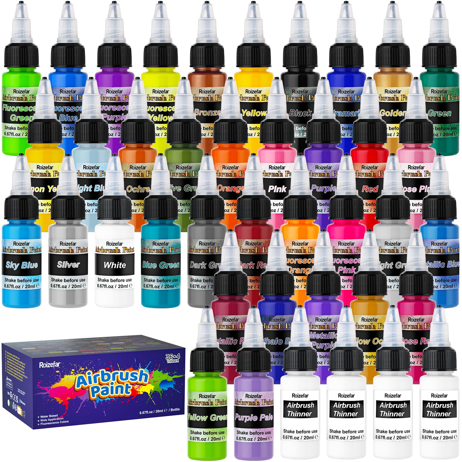 Roizefar Airbrush Paint Set - 36 Colors Water-Based Acrylic Kit with Thinners