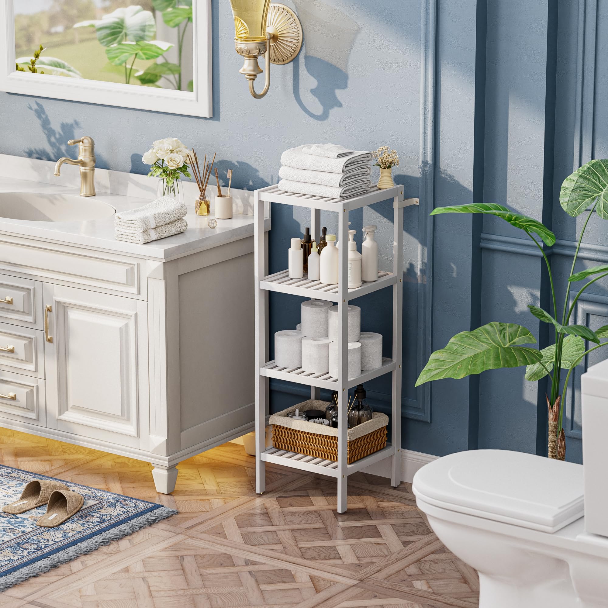 SMIBUY 4-Tier Bamboo Bathroom Storage Shelf | Space-Saving Rack - White