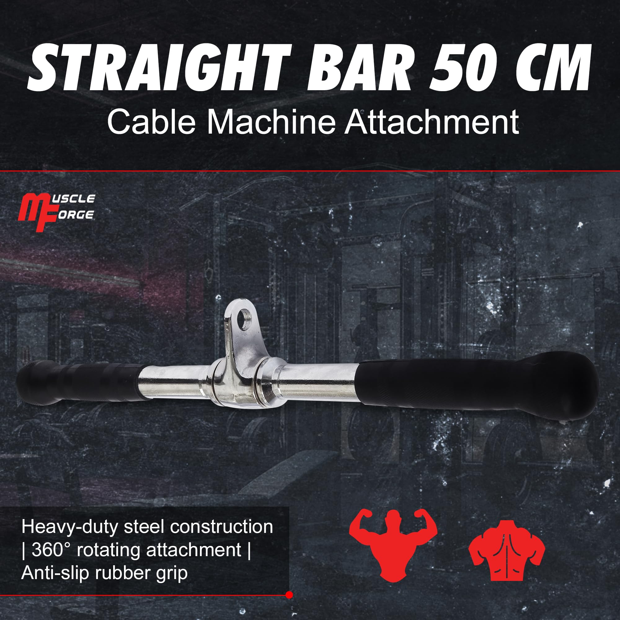 MuscleForge Straight Bar Cable Attachment - 50cm Steel Tricep Bar