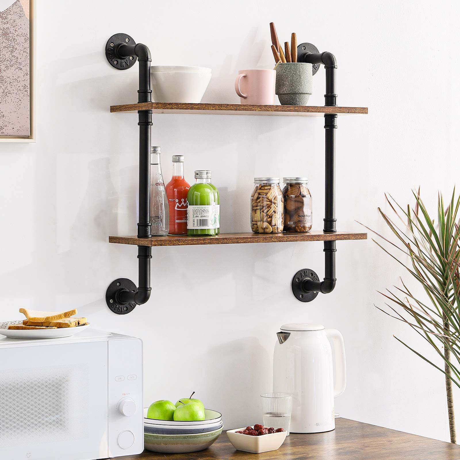 IBUYKE Industrial Pipe Floating Shelves – 2-Tier Wood Wall Storage Unit
