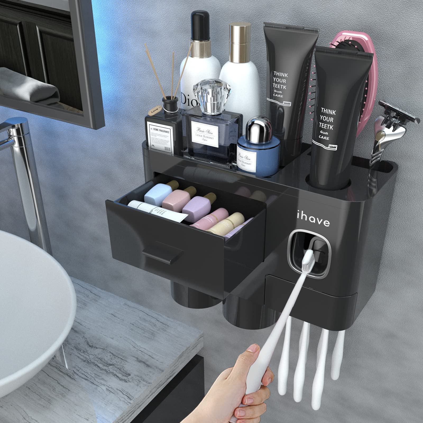 iHave Wall Mounted Toothbrush Holder with Automatic Toothpaste Dispenser