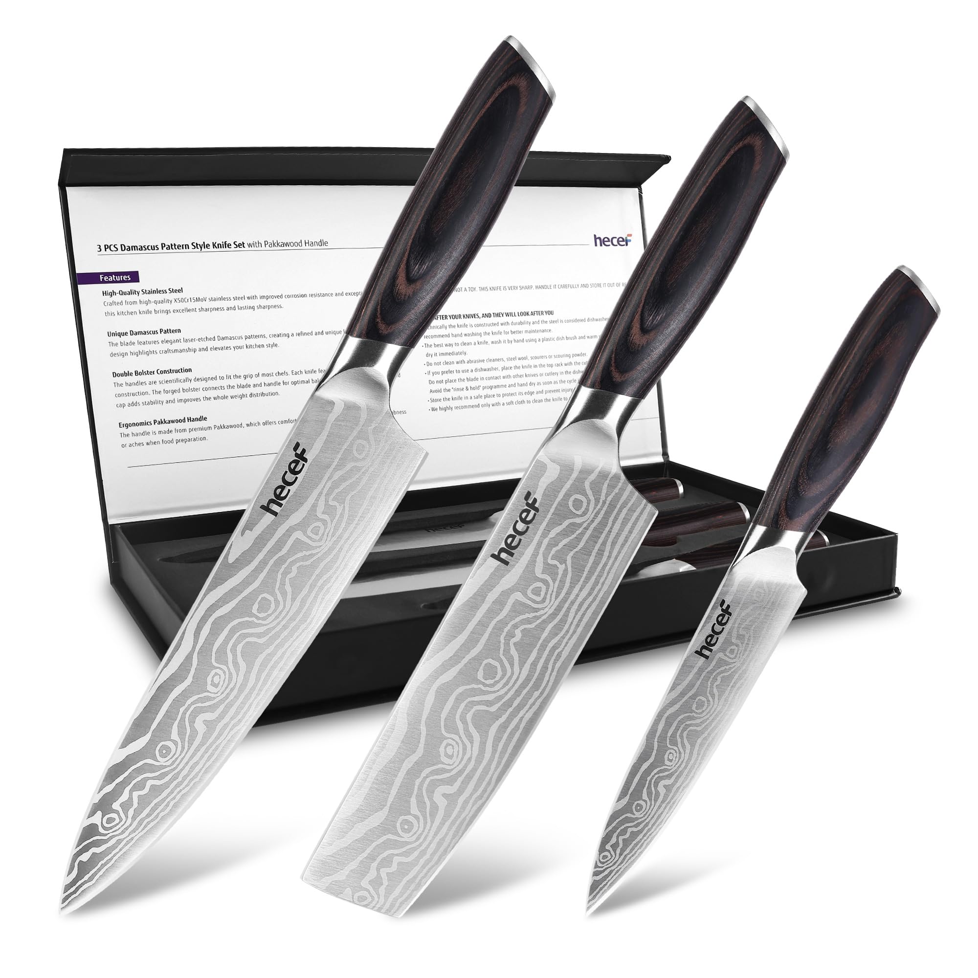 Hecef 3-Piece Chef Knife Set – Brown Pakkawood Handle Stainless Steel