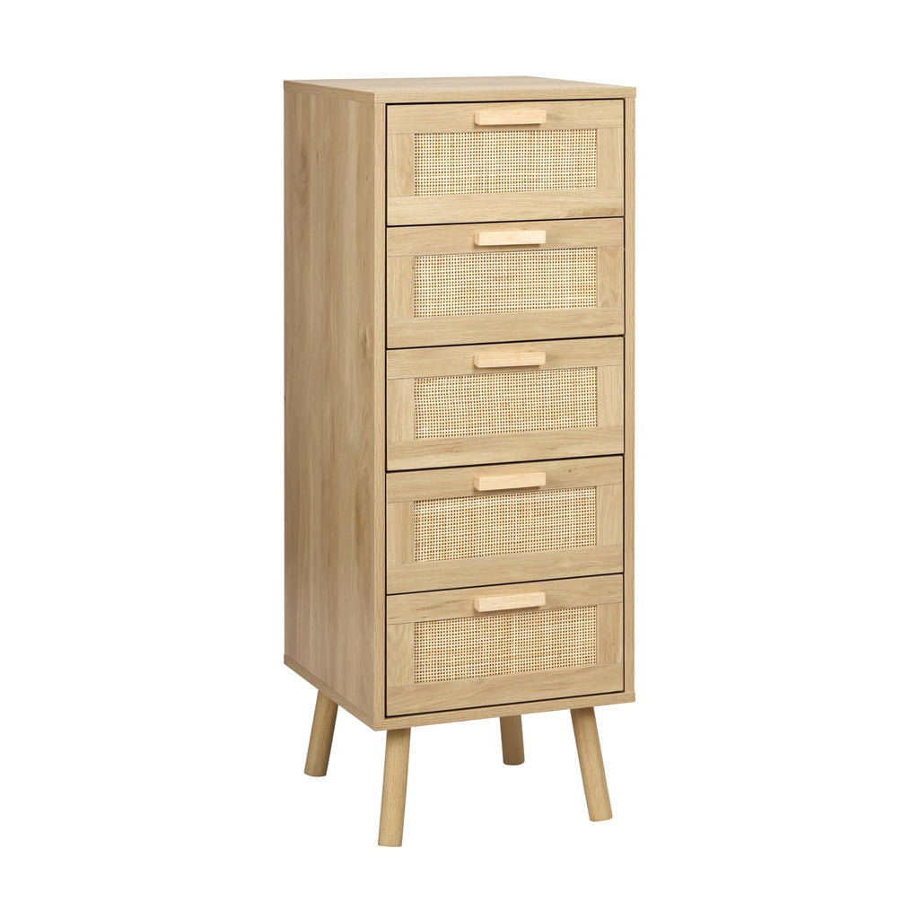 Finnhomy 5-Drawer Rattan Chest of Drawers – Tall Boho Bedroom Dresser