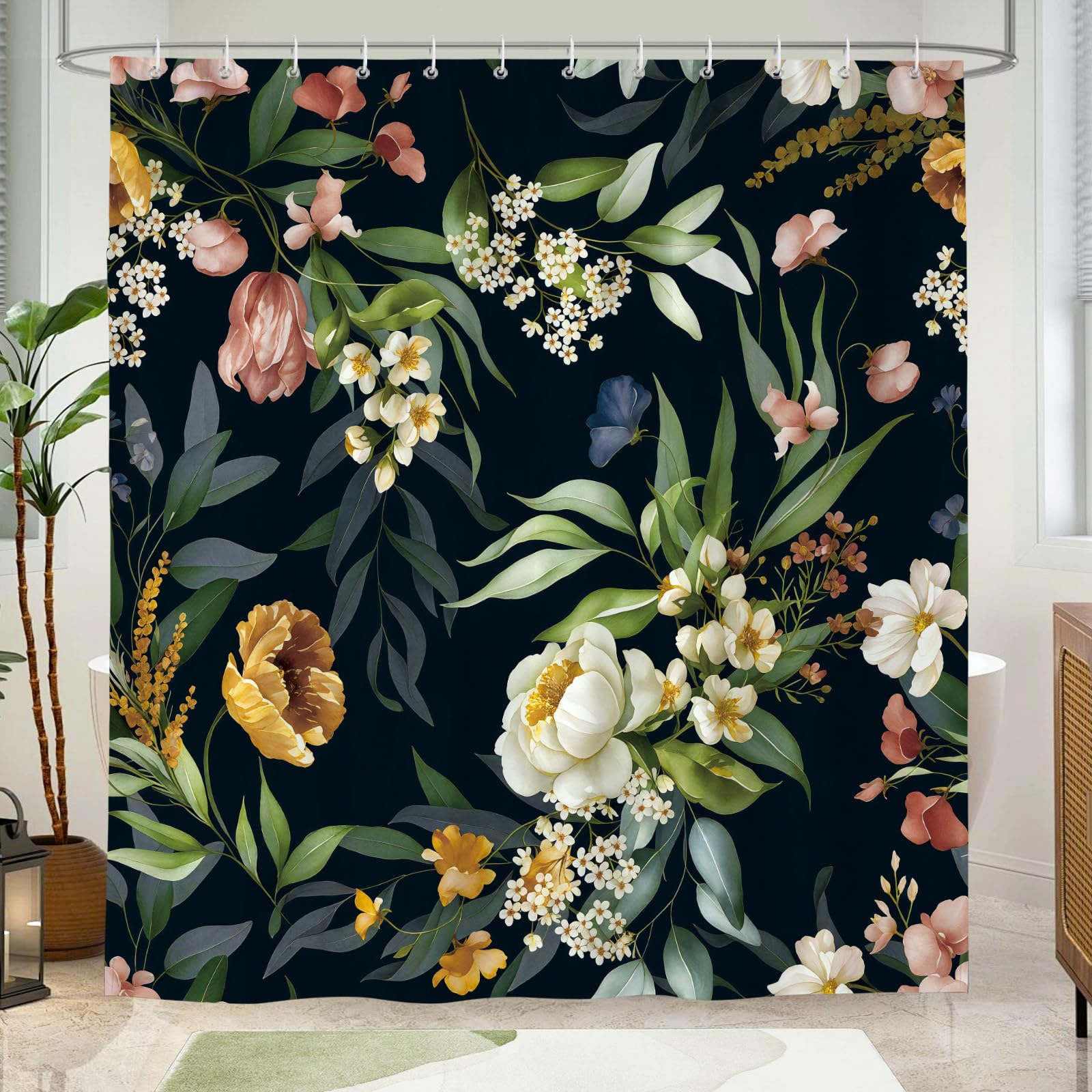 Black Floral Shower Curtain | Waterproof Polyester, 180x180cm
