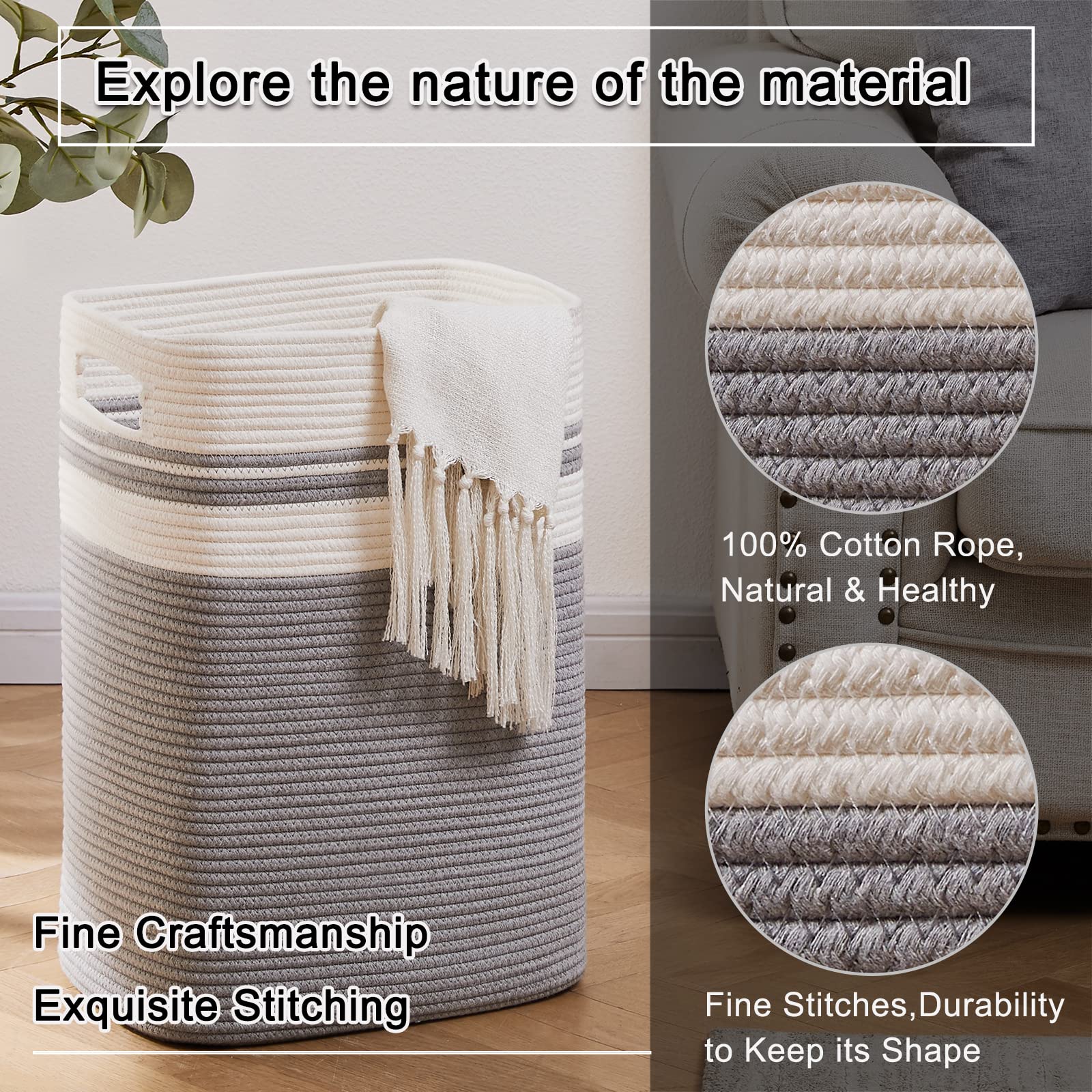 OIAHOMY Tall Cotton Laundry Hamper – Large Woven Storage Basket, Gray