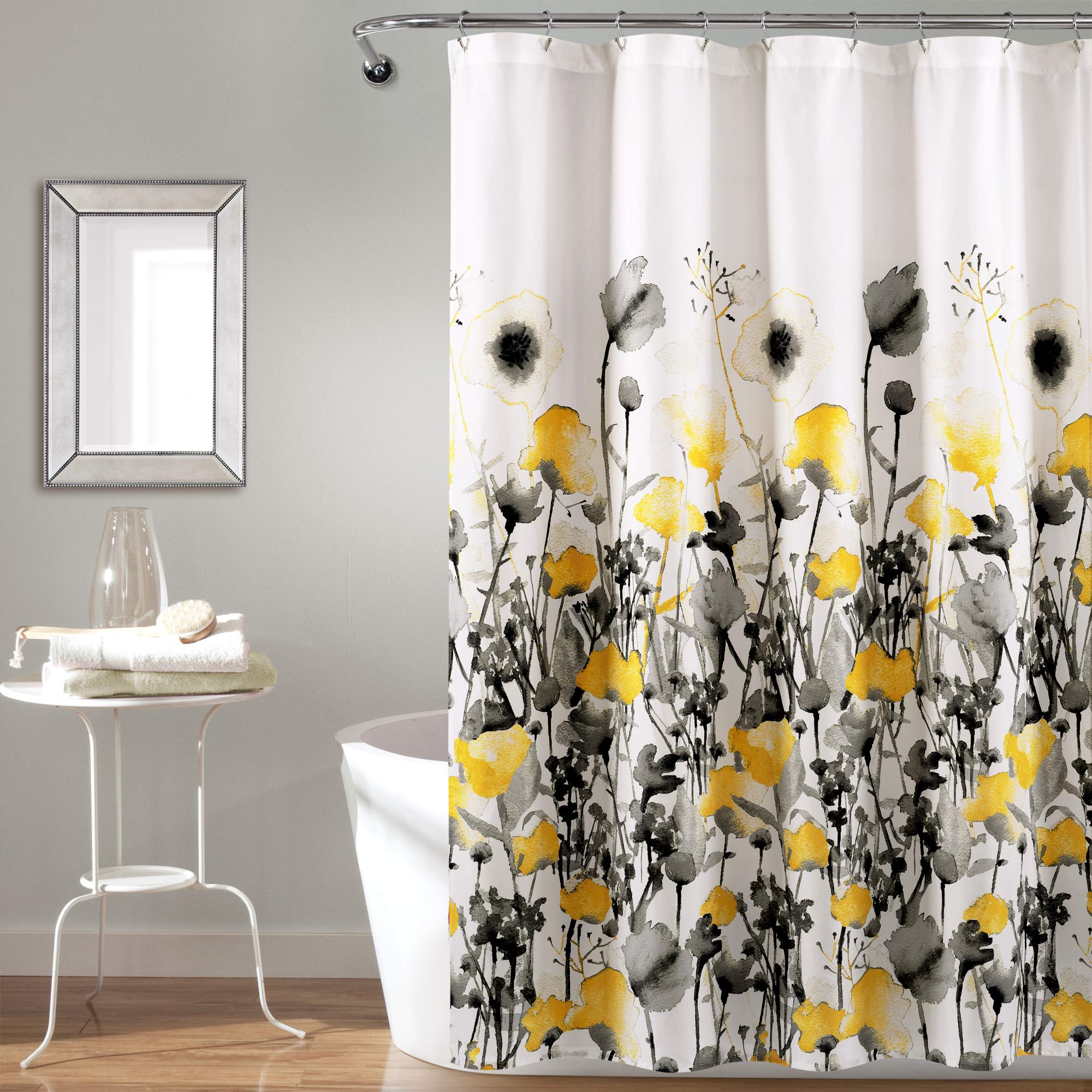 Lush Decor Zuri Flora Shower Curtain – Yellow & Gray Floral Fabric, 72x72