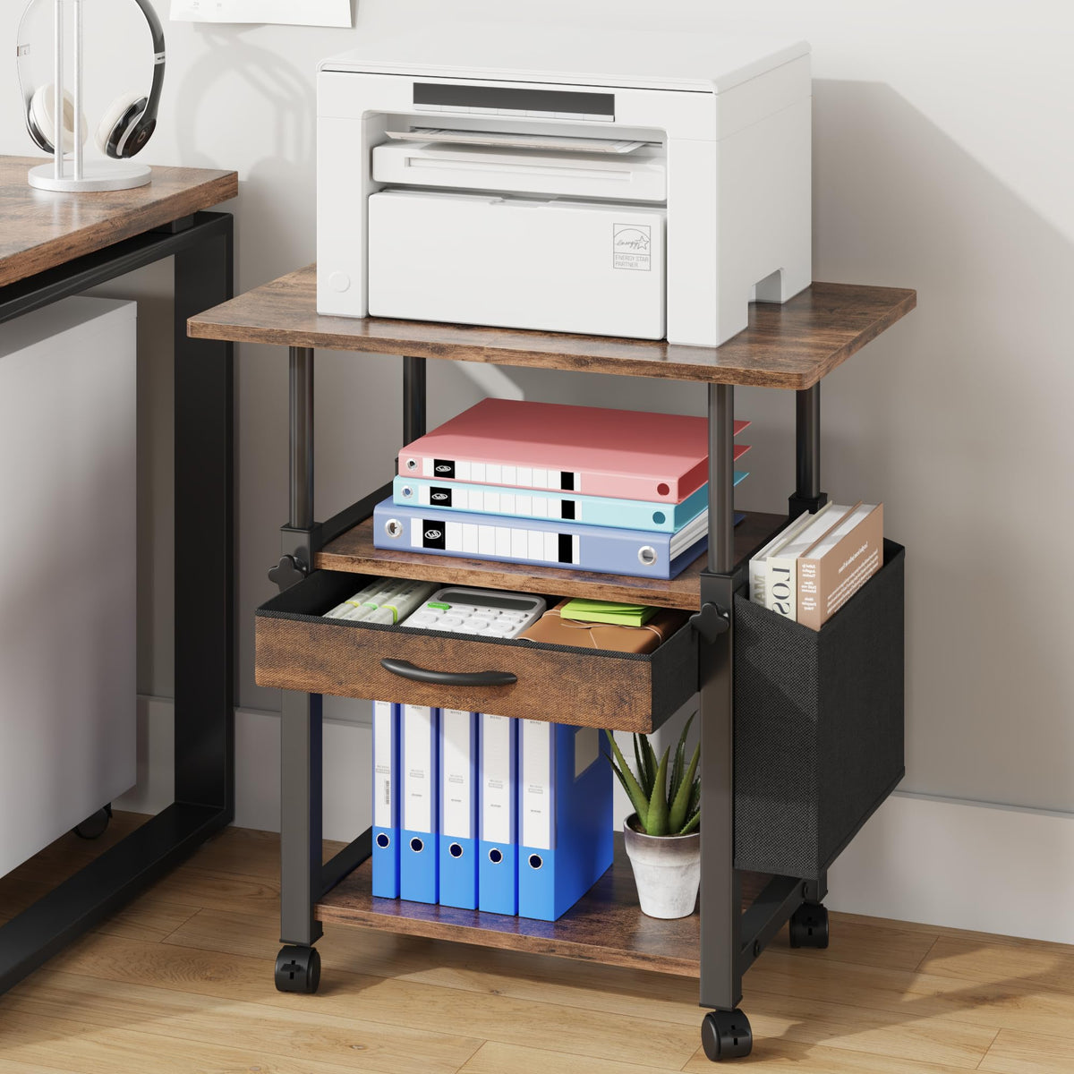 OYRREU 3 Tier Printer Stand on Wheels, Height Adjustable Mobile Table Wood - image 1