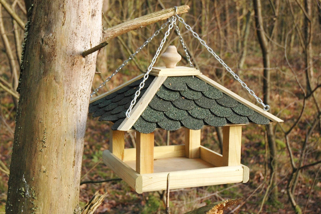 dobar Wooden Bird House – Weatherproof Pine Feeder with Green Bitumen Roof