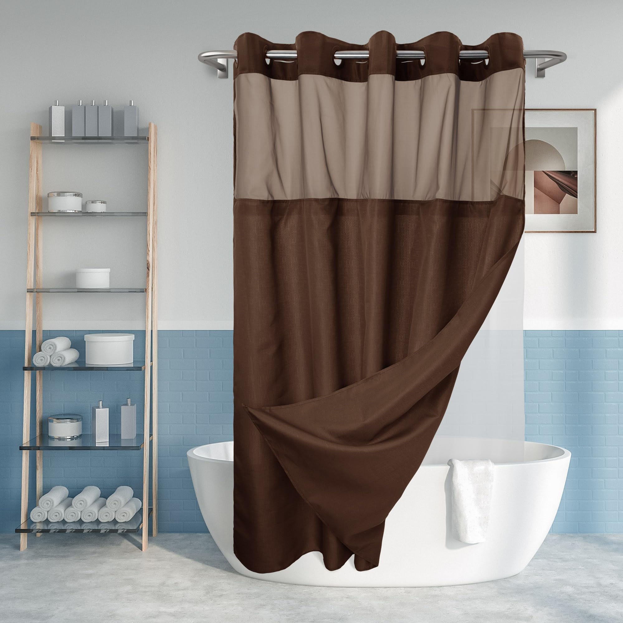 Jolof Store Hookless Slub Shower Curtain with Snap-in Liner & Mesh Window
