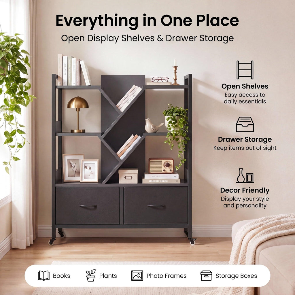 IRONCK Black Bookshelf with 2 Drawers & Wheels, Cube Bookcase 100x32x104 cm - image 5