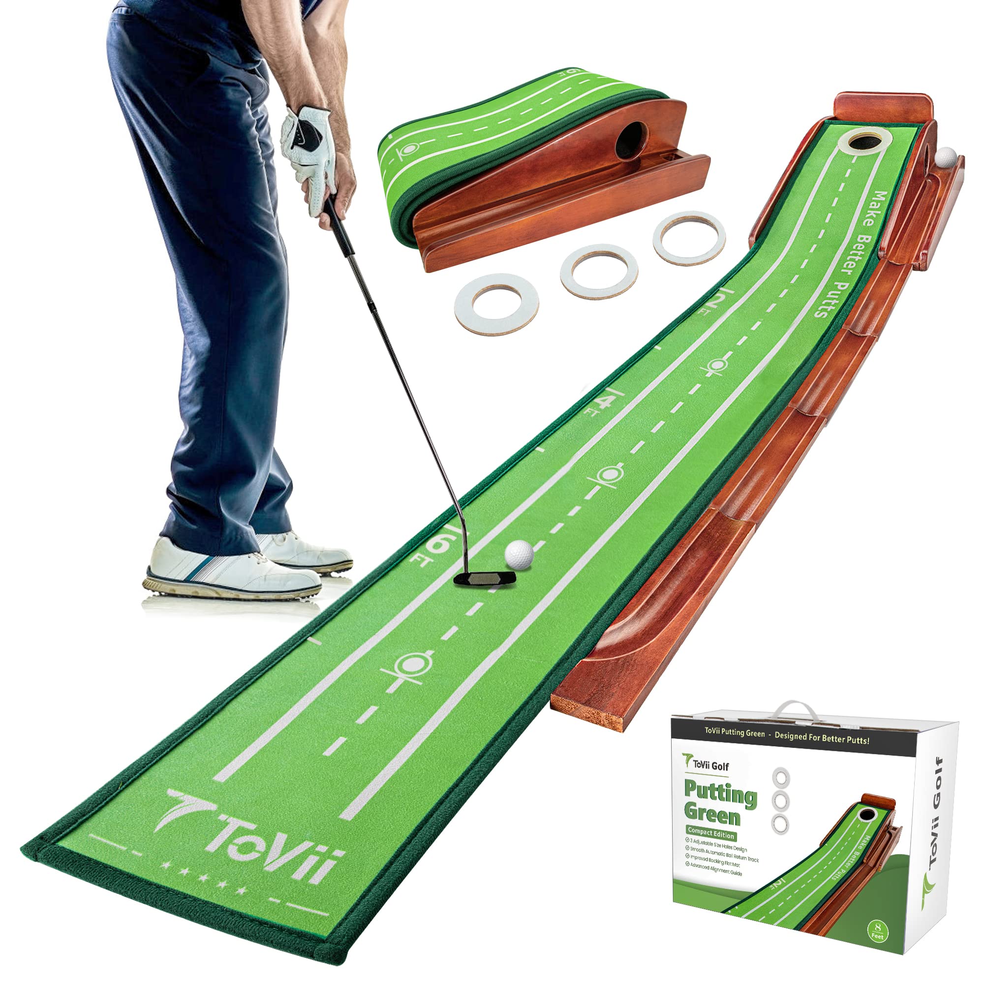 ToVii Golf Putting Mat – Pine Wood Practice Green with Auto Ball Return