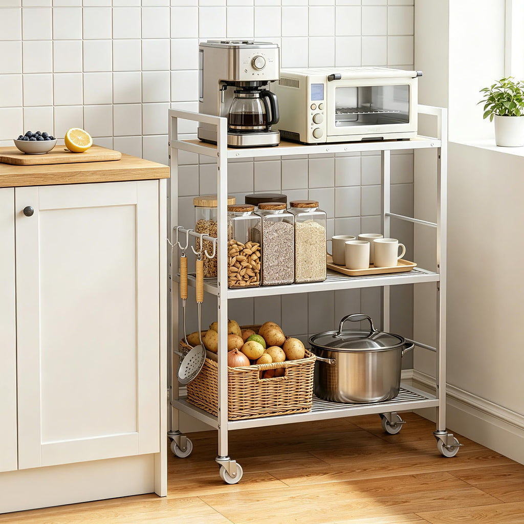 3-Tier kitchen trolley,Oak Wood Top,60W×30Dcm,4 Hooks, Adjustable Shelves - image 3