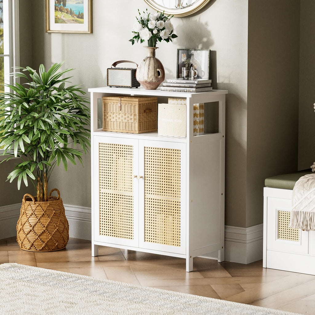 HITNET Bamboo Cabinet, Bathroom Storage Cabinet with Rattan Doors, Freestanding Floor Cupboard for Living Room, Hallway, Entryway, White