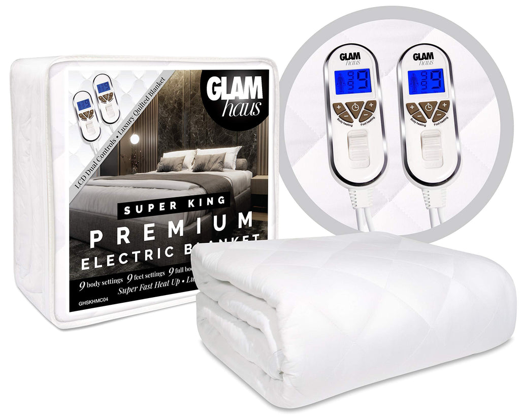 GlamHaus Super King Electric Blanket | Dual Control Quilted Cotton Fitted