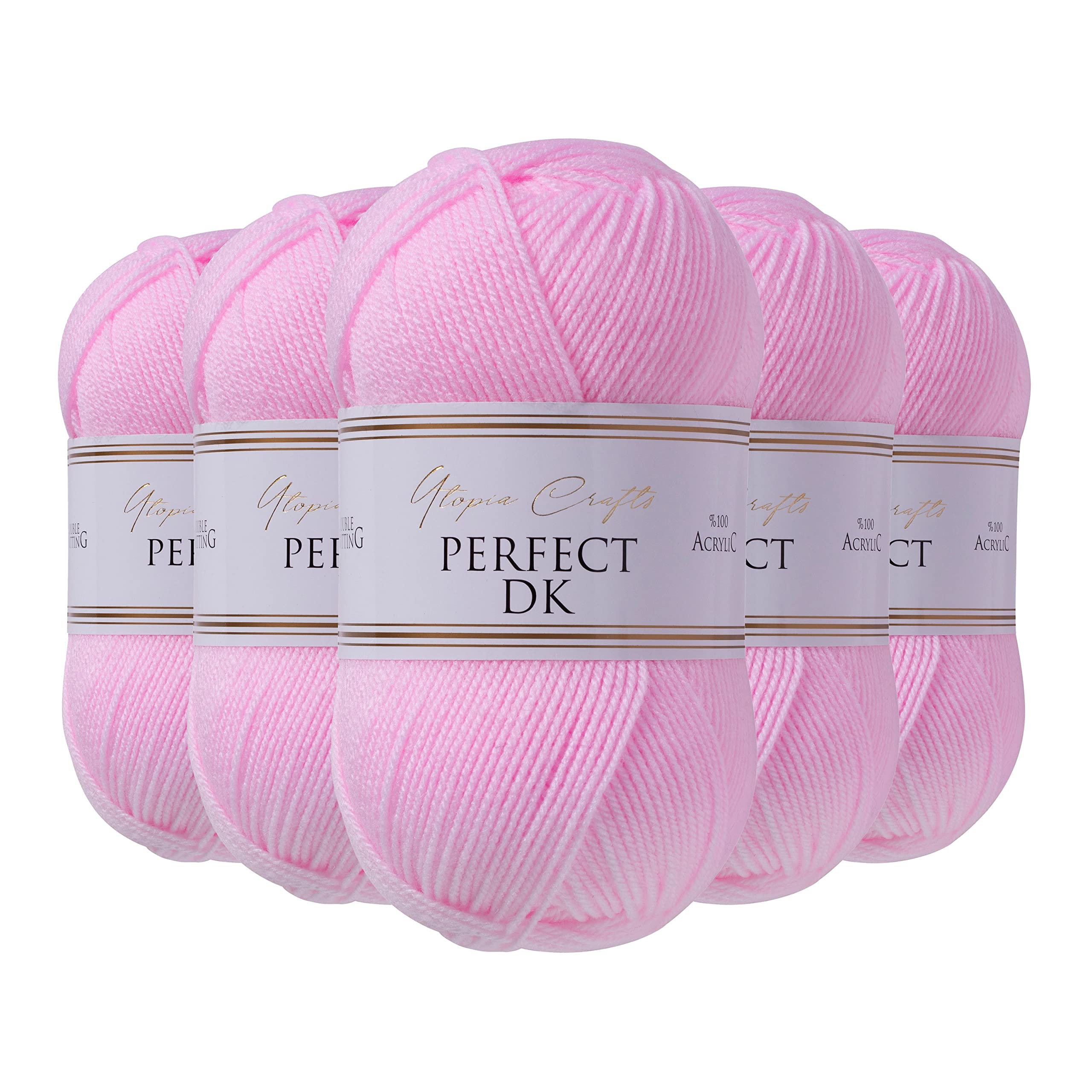 Utopia Crafts DK Double Knitting Yarn – 100% Acrylic, 5x100g (Baby Pink)