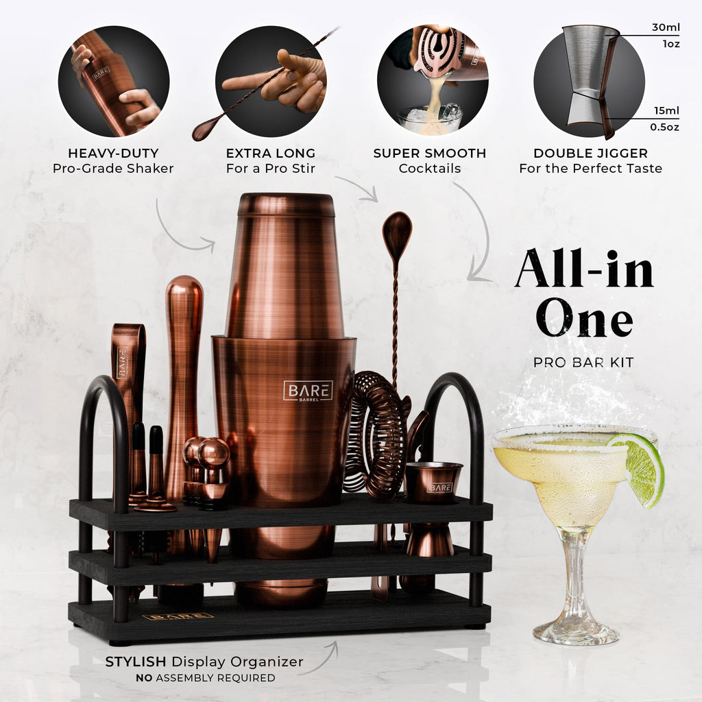 Bare Barrel 14-Piece Cocktail Making Kit with Bamboo Stand & Recipes