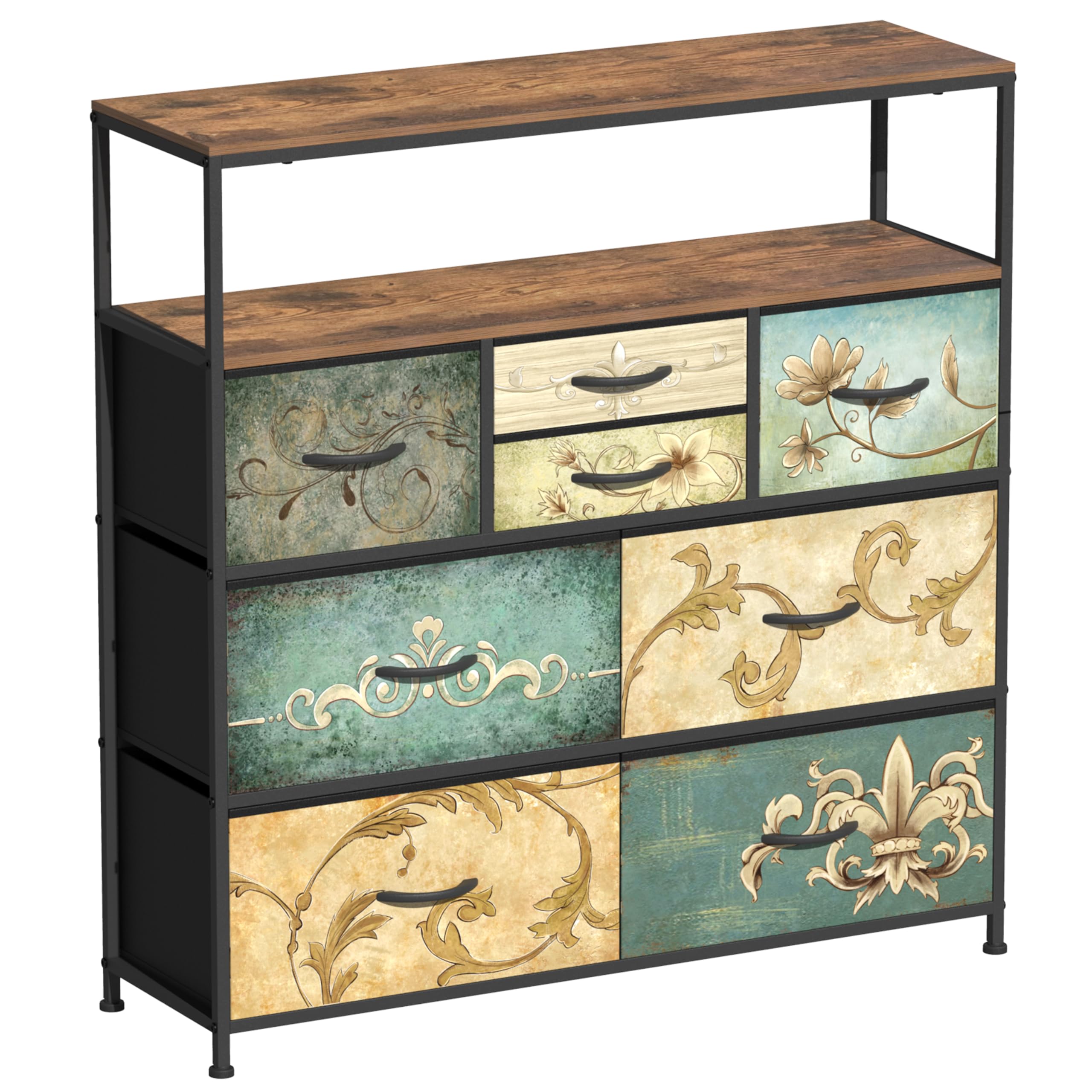 VEDECASA 8 Drawer Chest of Drawers | Retro Fabric Dresser with Open Shelf