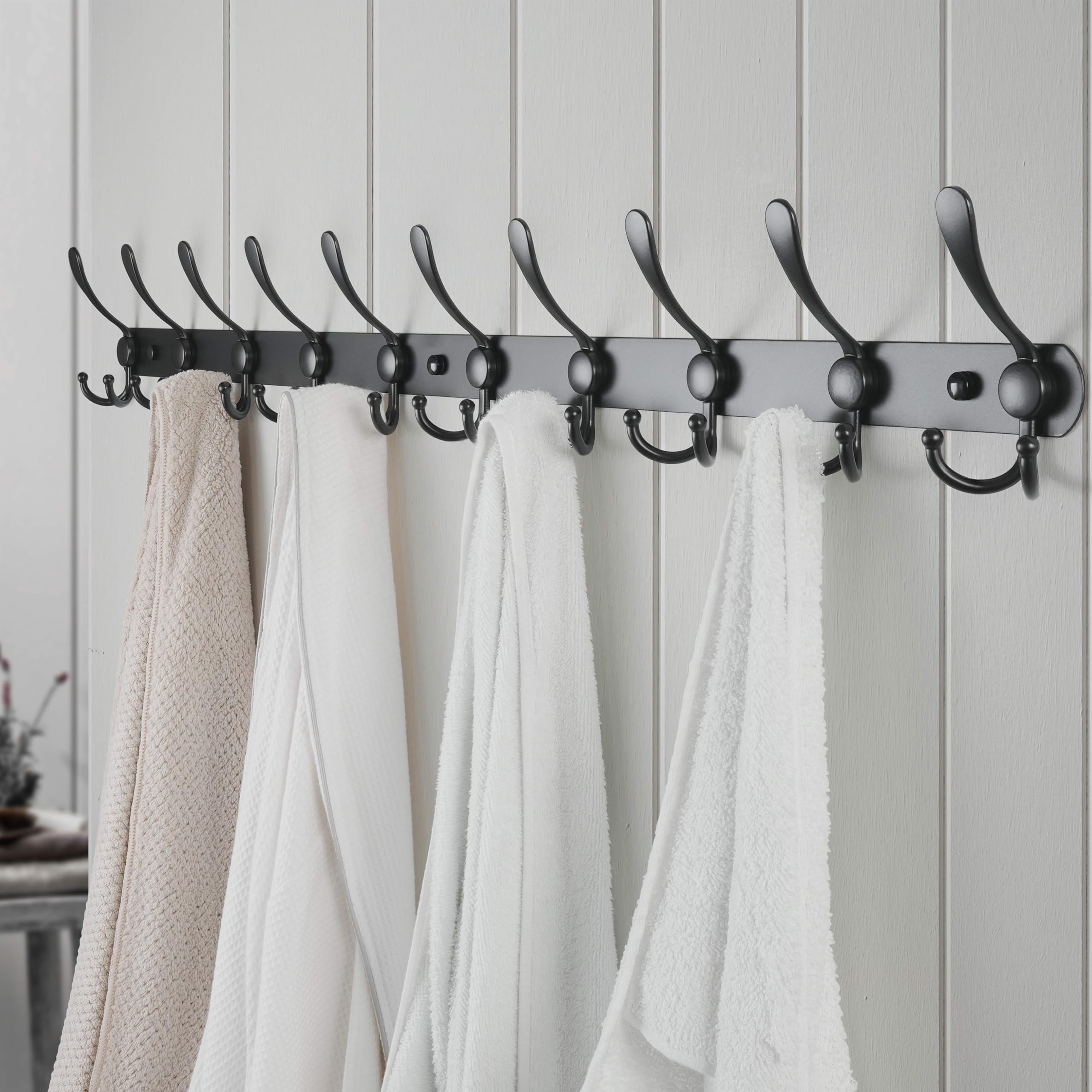 Dseap 96cm Wall Mounted Coat Rack | 10 Tri Hooks Heavy Duty Metal Rail