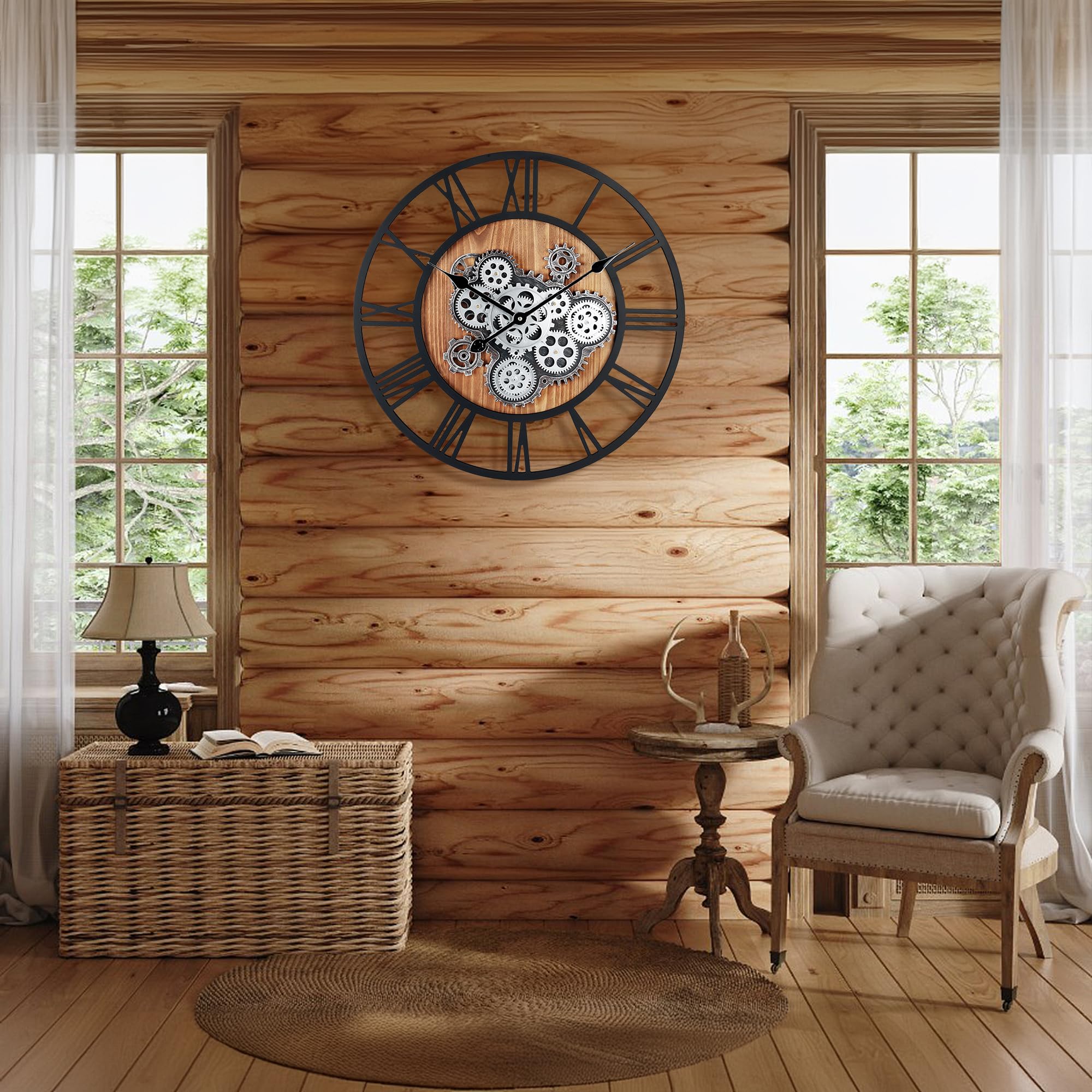 Lafocuse 23 Inch Moving Gears Wall Clock – Rustic Industrial Wooden Decor