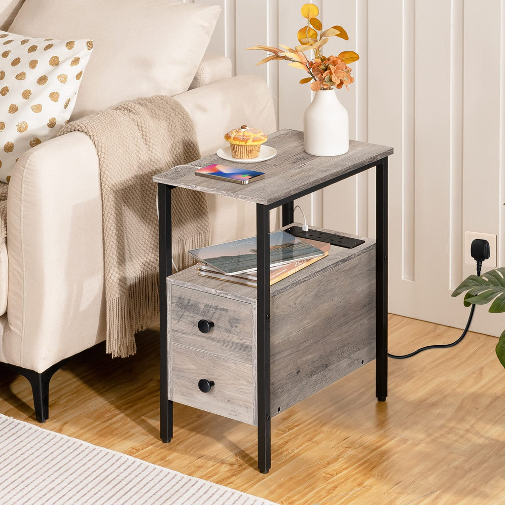 HOOBRO Narrow Side Table with Charging Station, 2 Drawers, Industrial