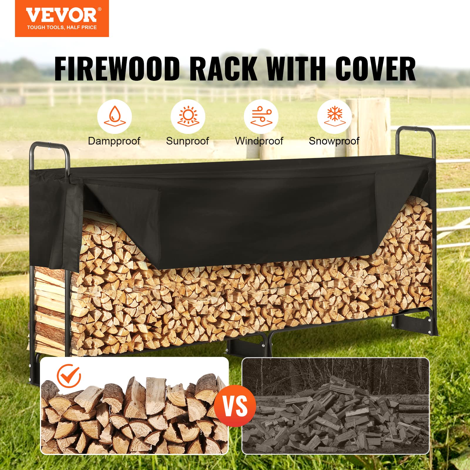 VEVOR 8.5FT Outdoor Firewood Rack with 600D Waterproof Cover | 1/2 Cord