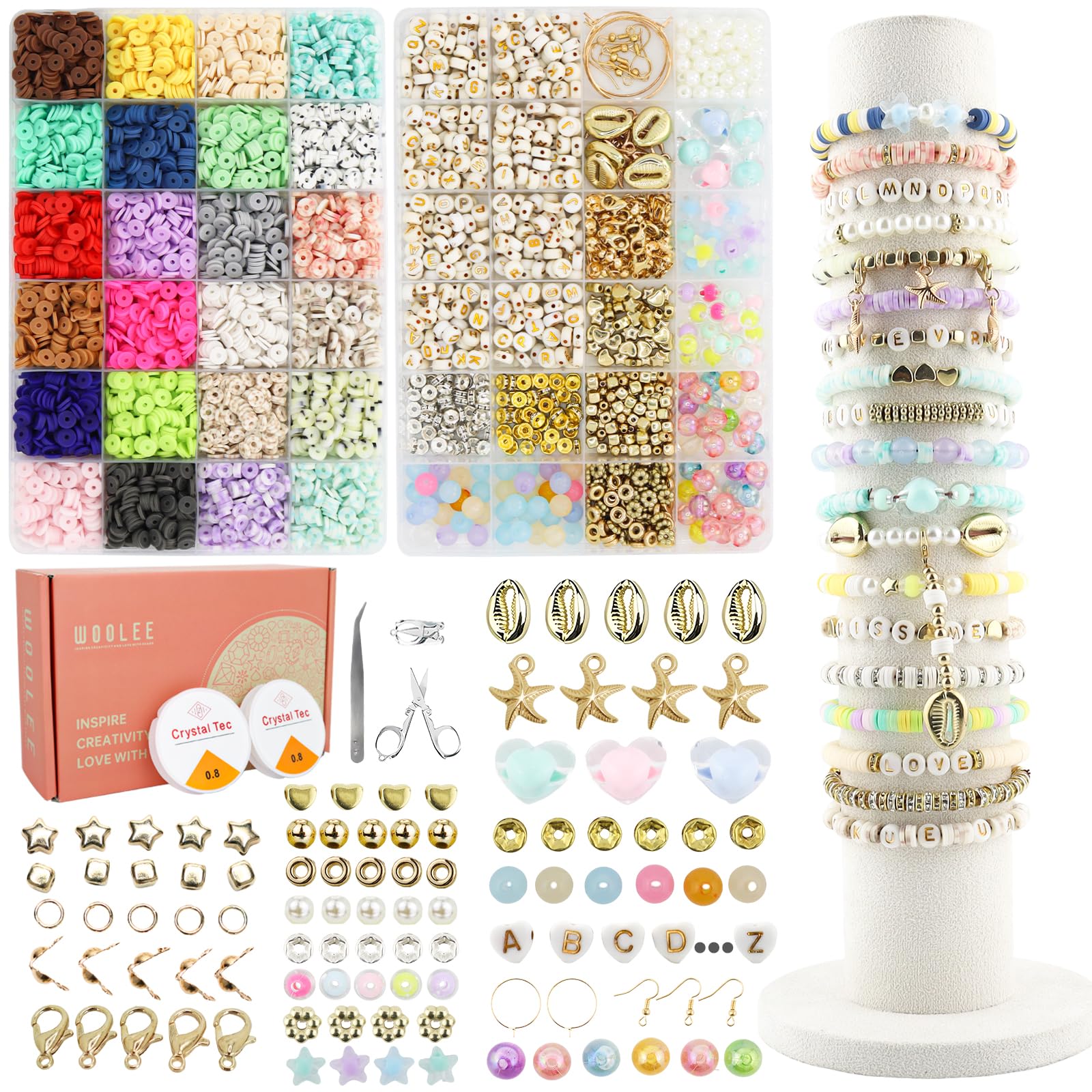 WOOLEE 24-Color Polymer Clay Beads Bracelet Making Kit with Charms