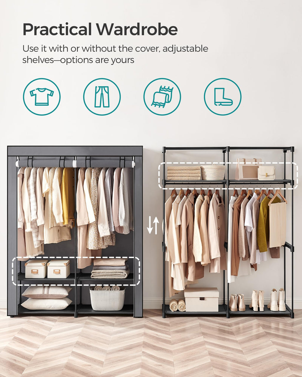 Songmics Fabric Wardrobe – Portable Clothes Rack with 2 Rails, Grey