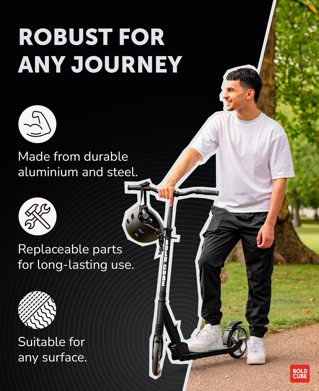 BOLDCUBE Big 2 Wheel Scooter - Foldable Commuter for Kids & Teens - Charcoal