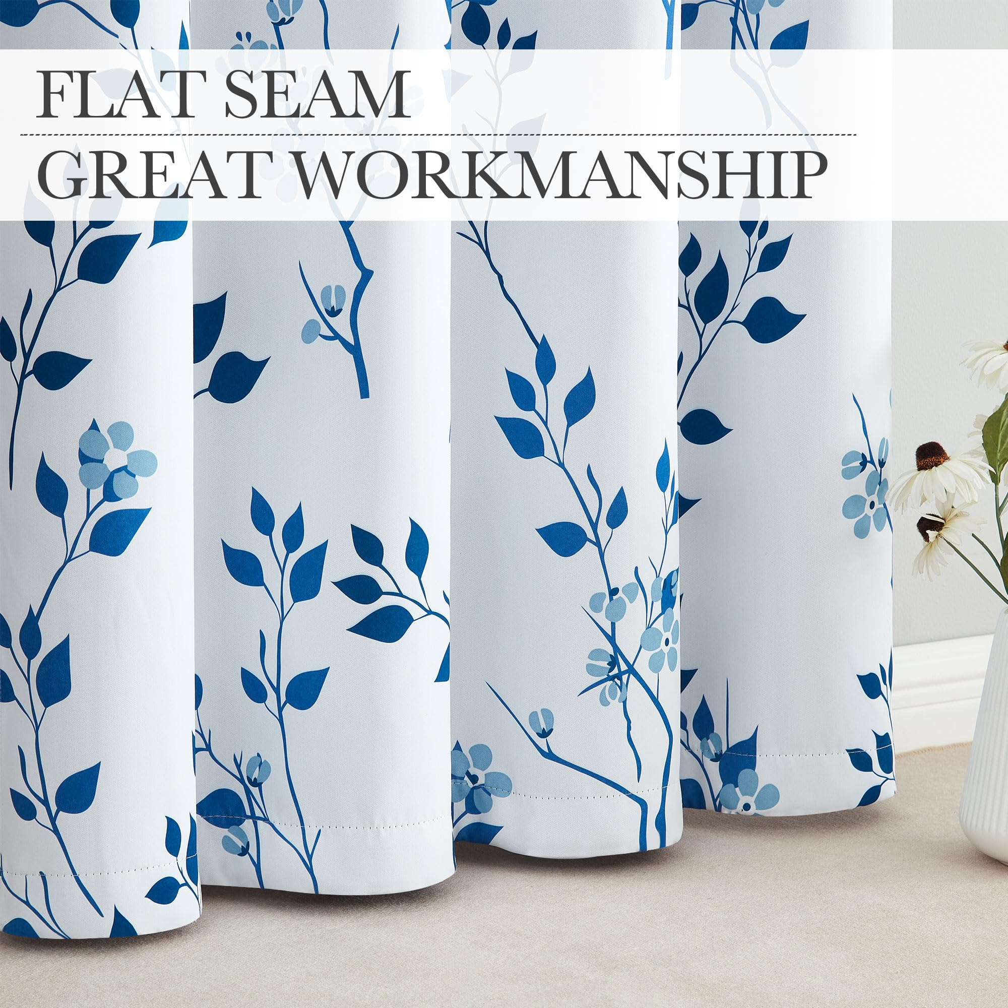 Beauoop Navy Blue Floral Blackout Curtains | Thermal Insulated 90 Inch Drop