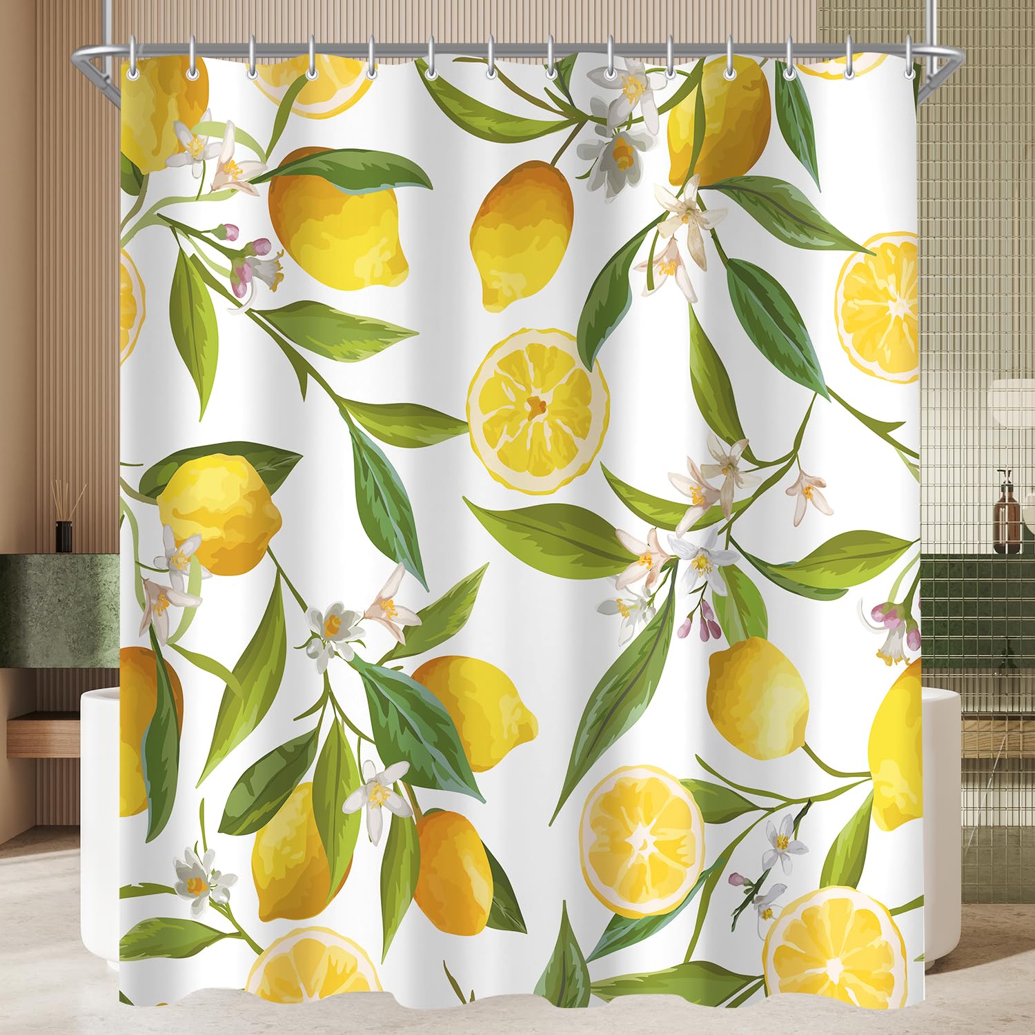 Lerores Lemon Leaf Shower Curtain | 240x180cm Anti-Mould Weighted Hem