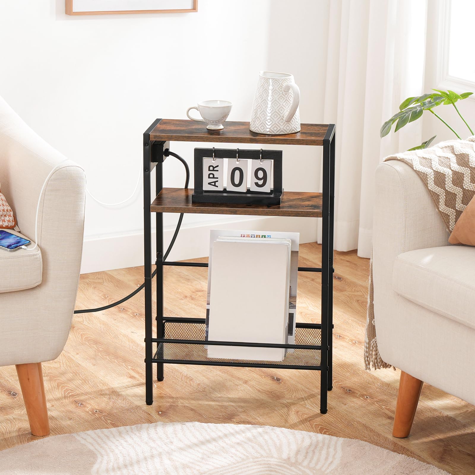 HOOBRO Slim Side Table with Charging Station | 3-Tier Narrow End Table