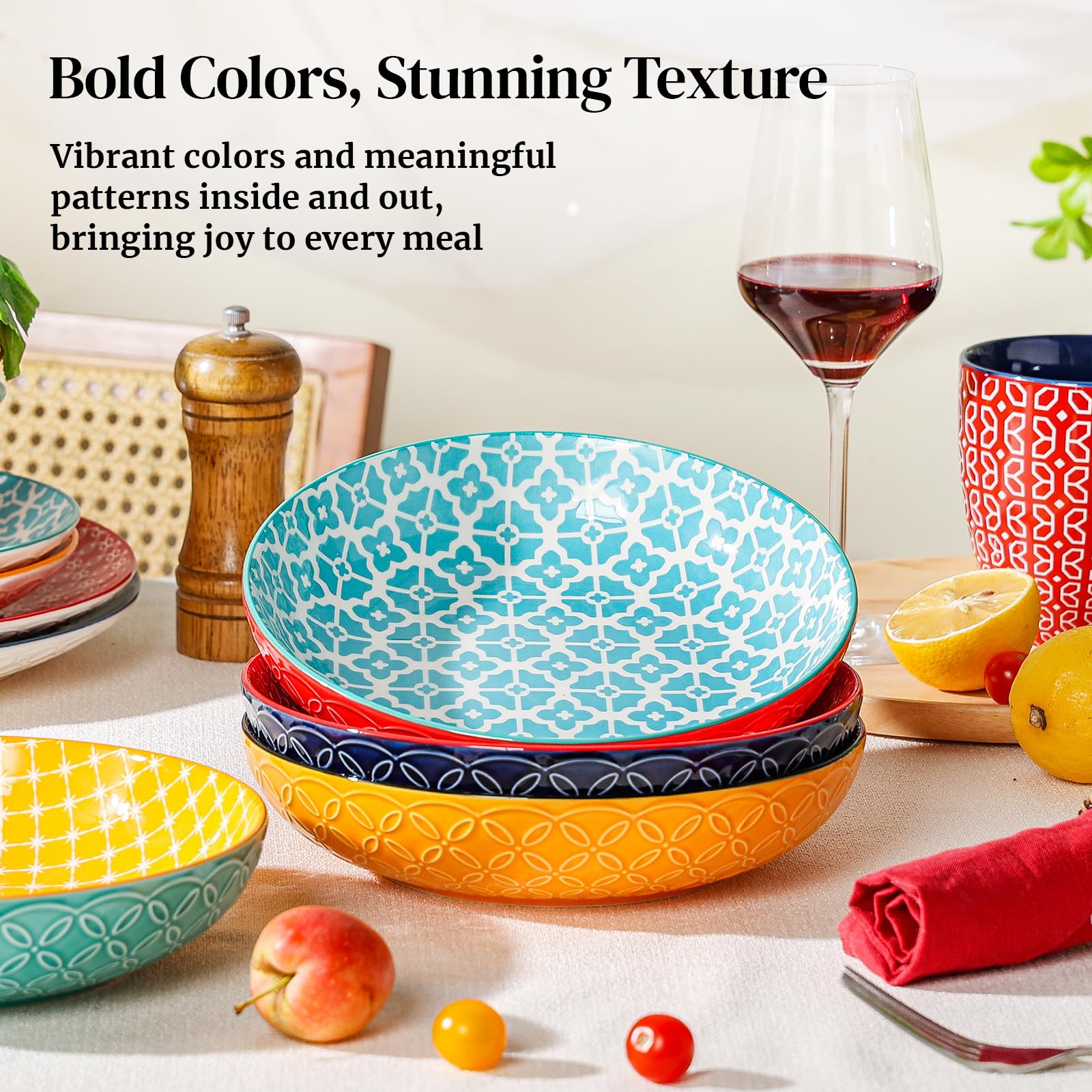 DOWAN Pasta Bowl Set of 4 – 21.5cm Wide Shallow Ceramic Salad Bowls