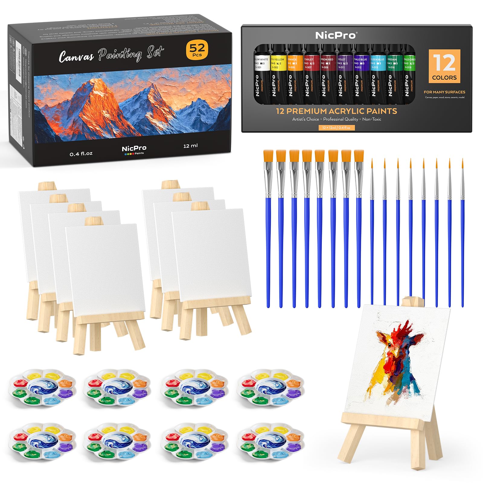 Nicpro 52 PCS Mini Canvas and Easel Set - Acrylic Painting Kit for Kids