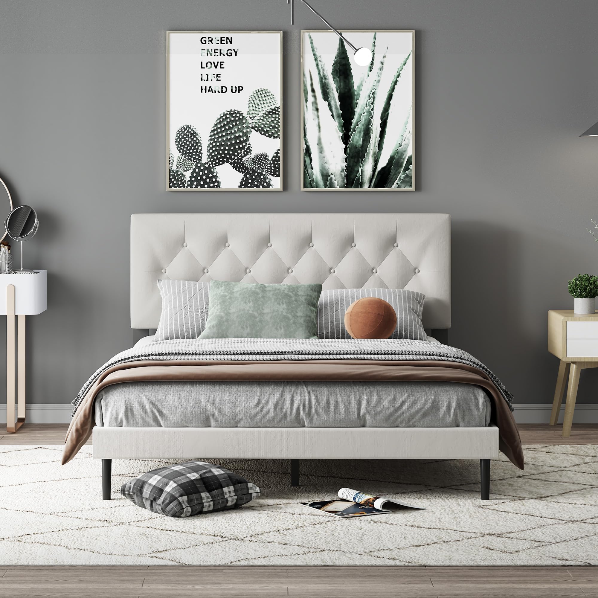 XINBEDEU King Velvet Platform Bed Frame | Tufted Headboard – Beige