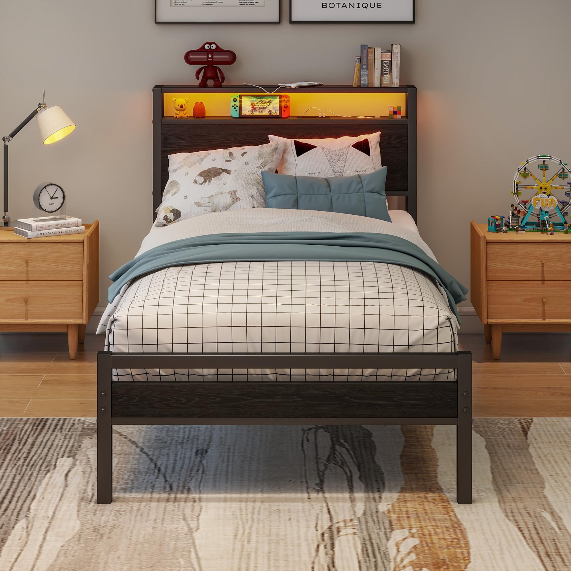 BORPHOM 3ft Single Metal Bed Frame with LED Storage Headboard & USB