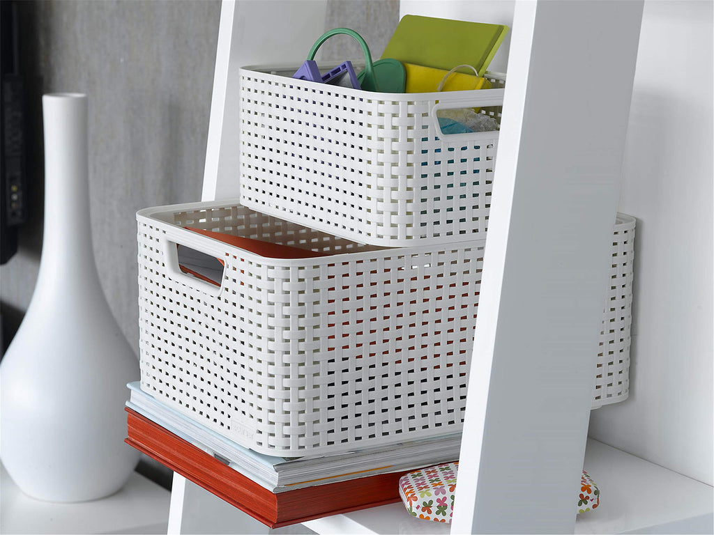 Curver Style Rattan Effect Large Rectangular Storage Basket, 30L – White