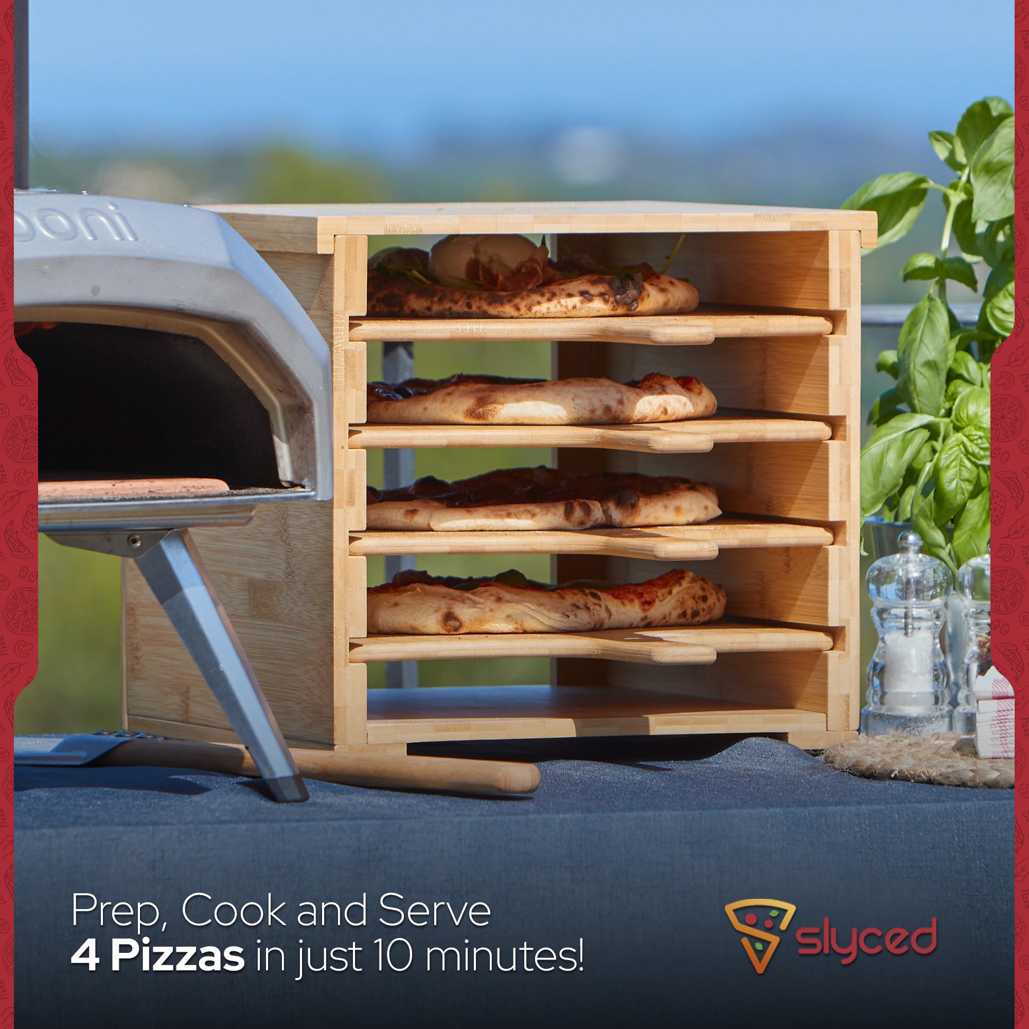 Slyced Bamboo Pizza Peel Rack with 4 Non-Stick 12 Inch Pizza Paddles
