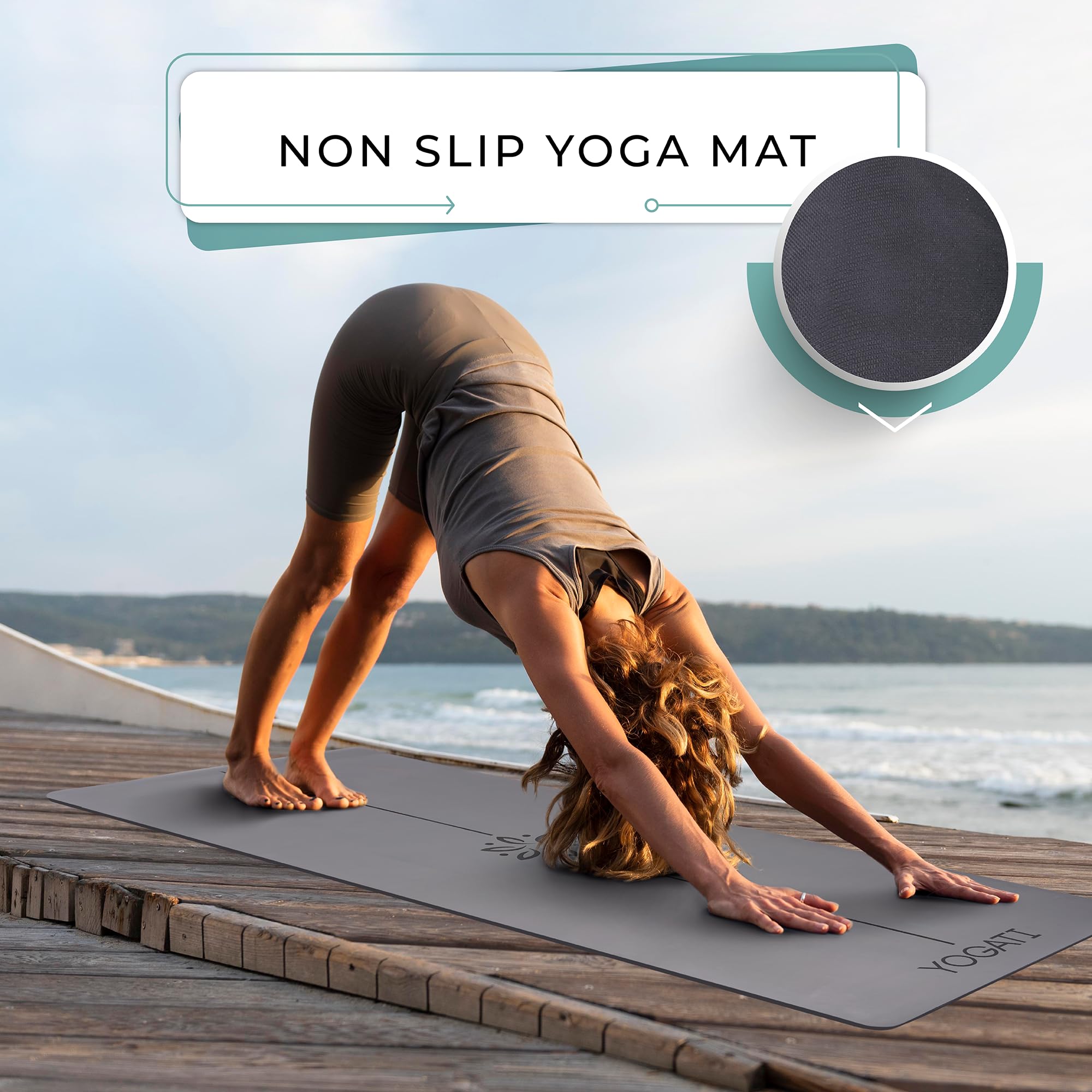 YOGATI Natural Rubber Yoga Mat – Non-Slip Exercise Mat with Alignment Lines