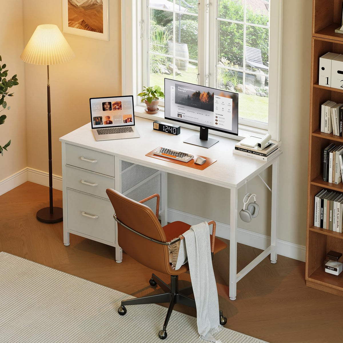 Coleshome Computer Desk with Drawers, 100cm Office Desk with Storage, White - image 2