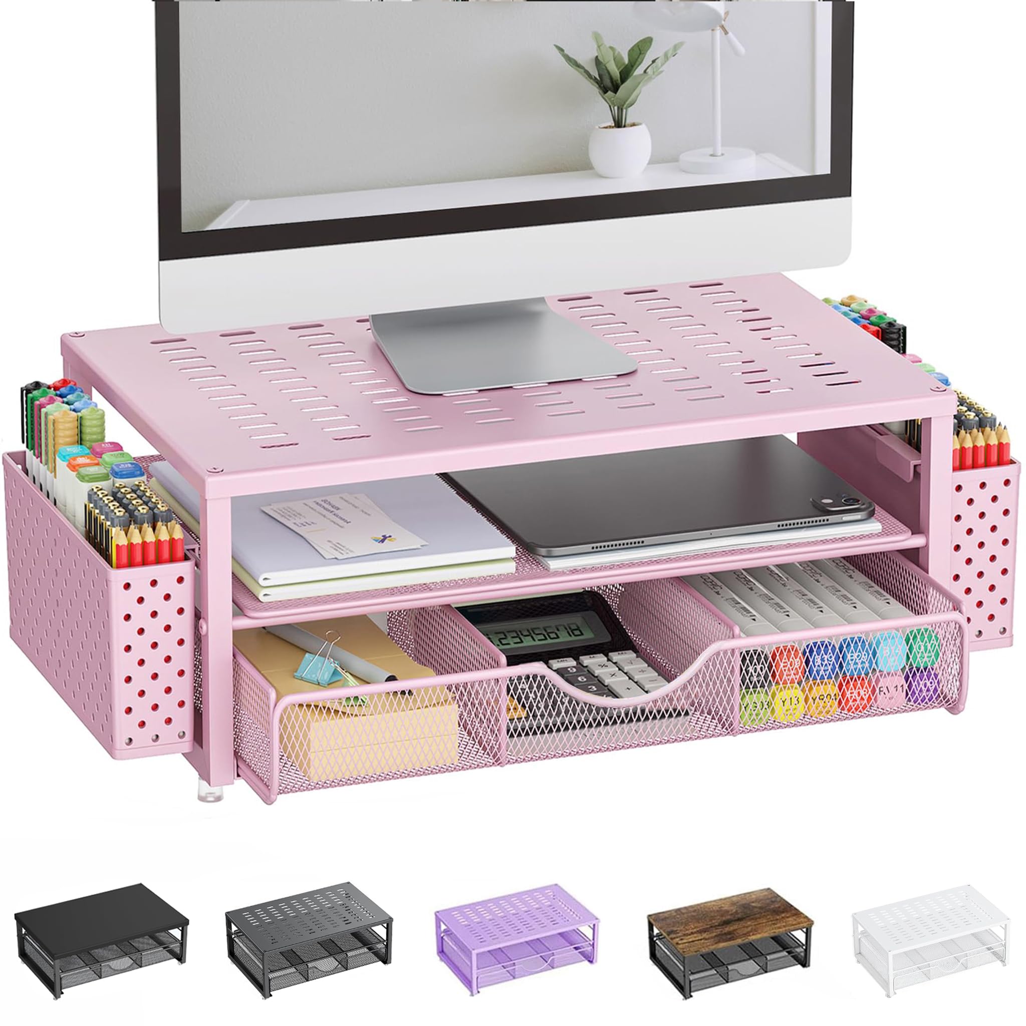 Pygocereri Monitor Stand Riser with Drawer and Pen Holders - Pink