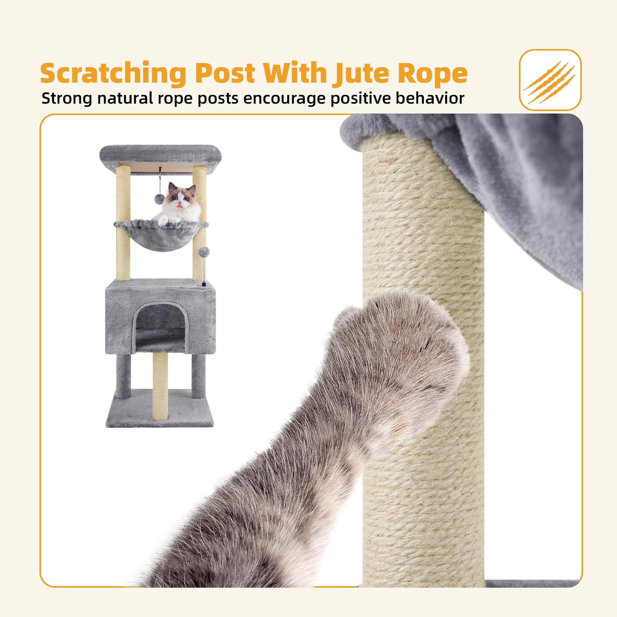 ROYPET 110cm Cat Tree Tower | Sisal Scratching Posts & Hammock - Grey