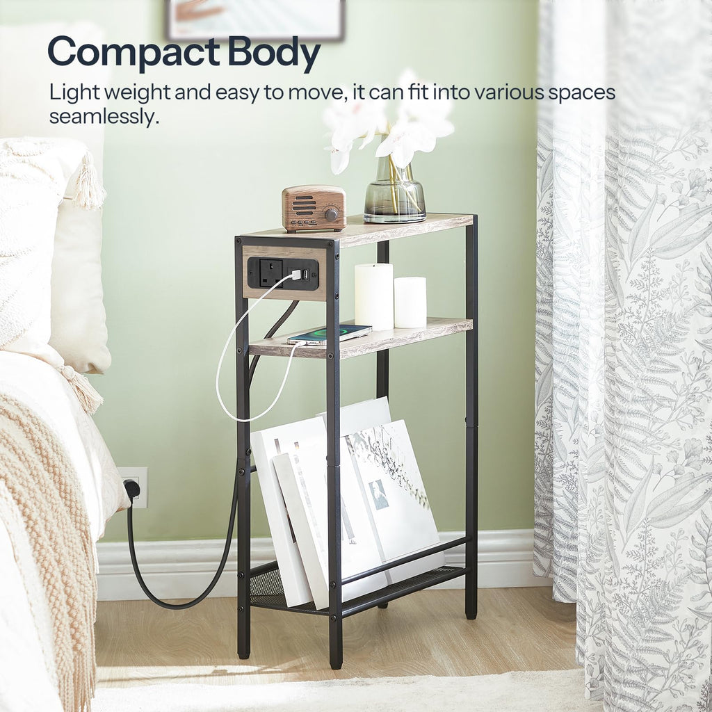 HOOBRO Slim Side Table with Charging Station | 3-Tier Narrow End Table
