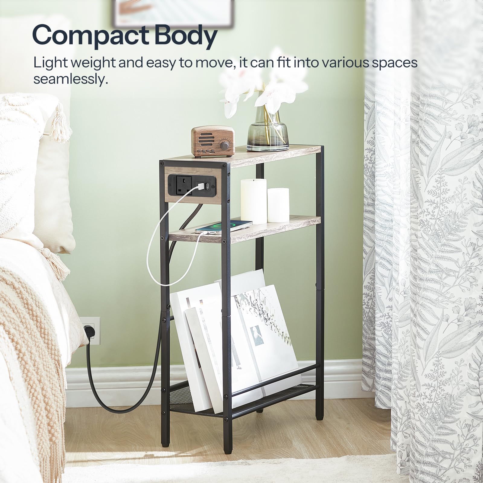 HOOBRO Slim Side Table with Charging Station | 3-Tier Narrow End Table