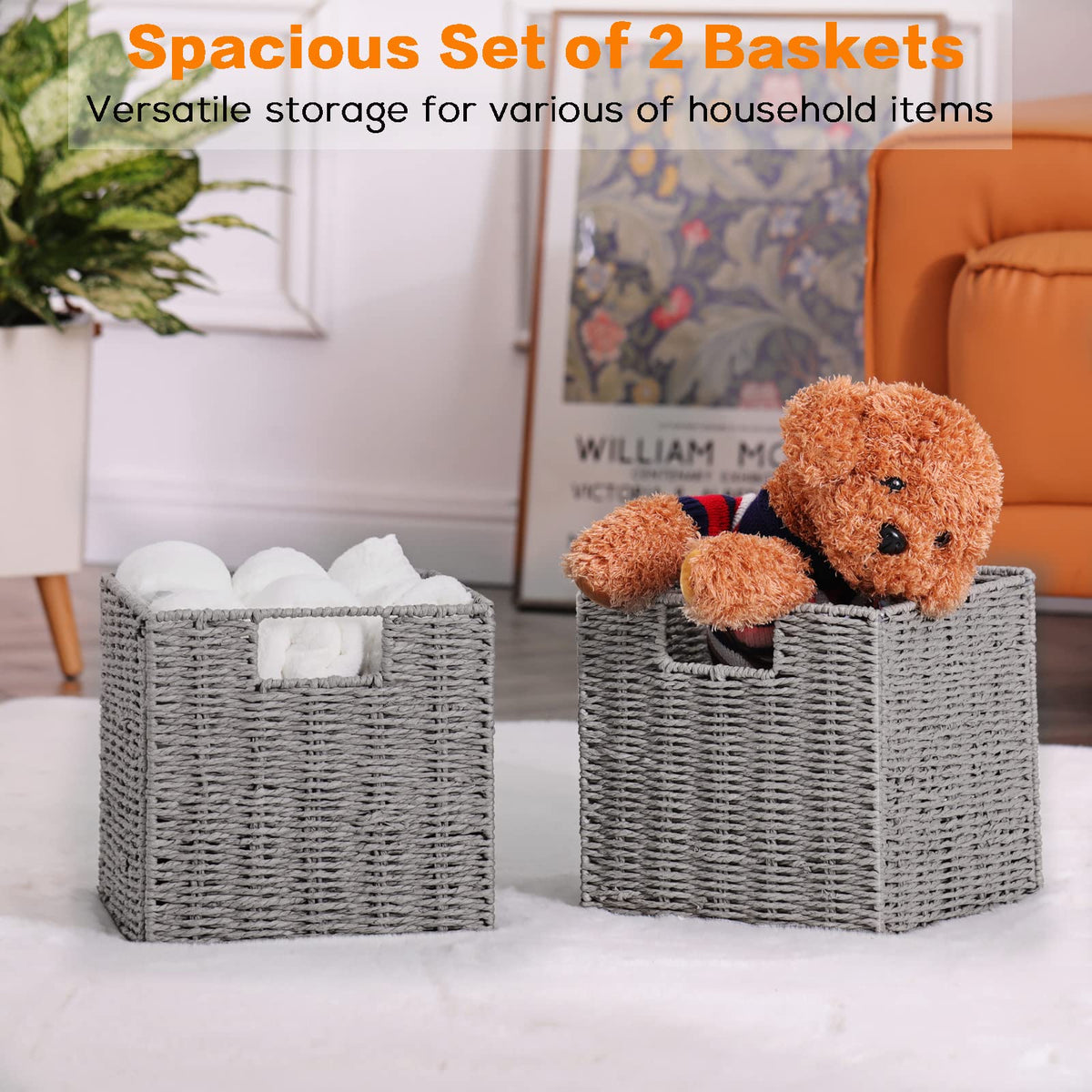 Vagusicc Storage Basket, Set of 2 Hand-Woven Paper Rope Wicker Baskets for Storage, Foldable Cube Storage Bins Organizer - image 5
