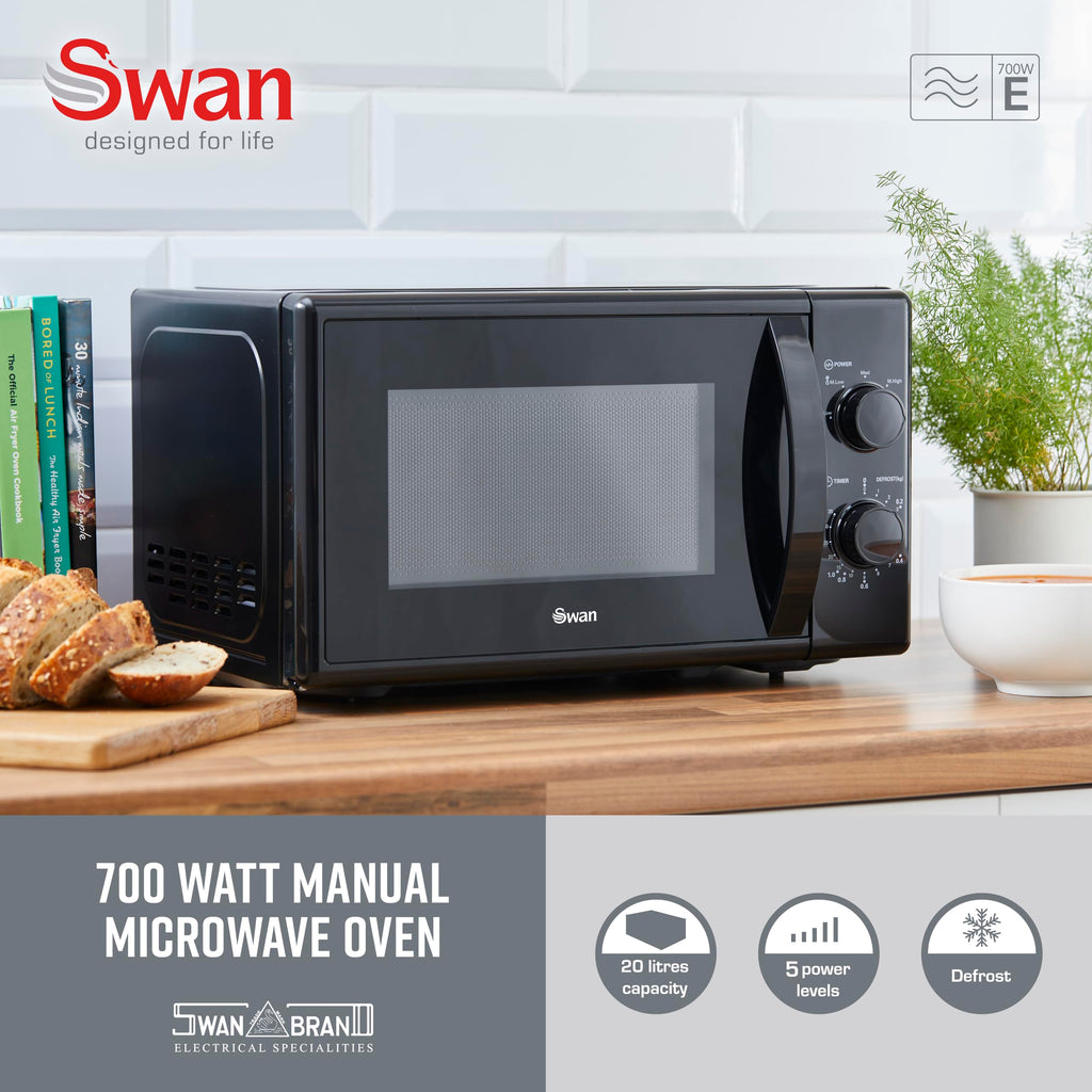 Swan 20L Manual Microwave – 700W with 5 Power Levels, Black