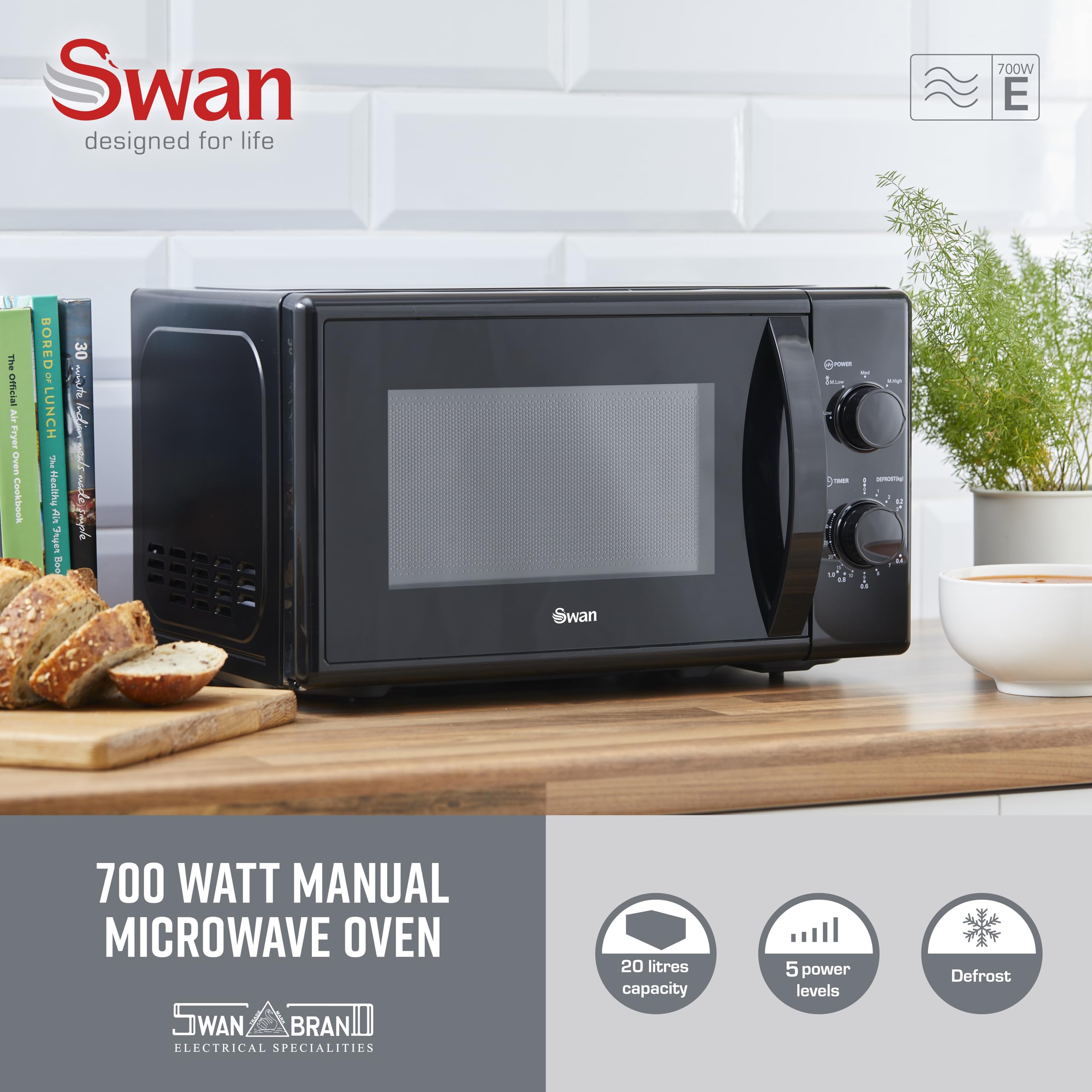 Swan 20L Manual Microwave – 700W with 5 Power Levels, Black